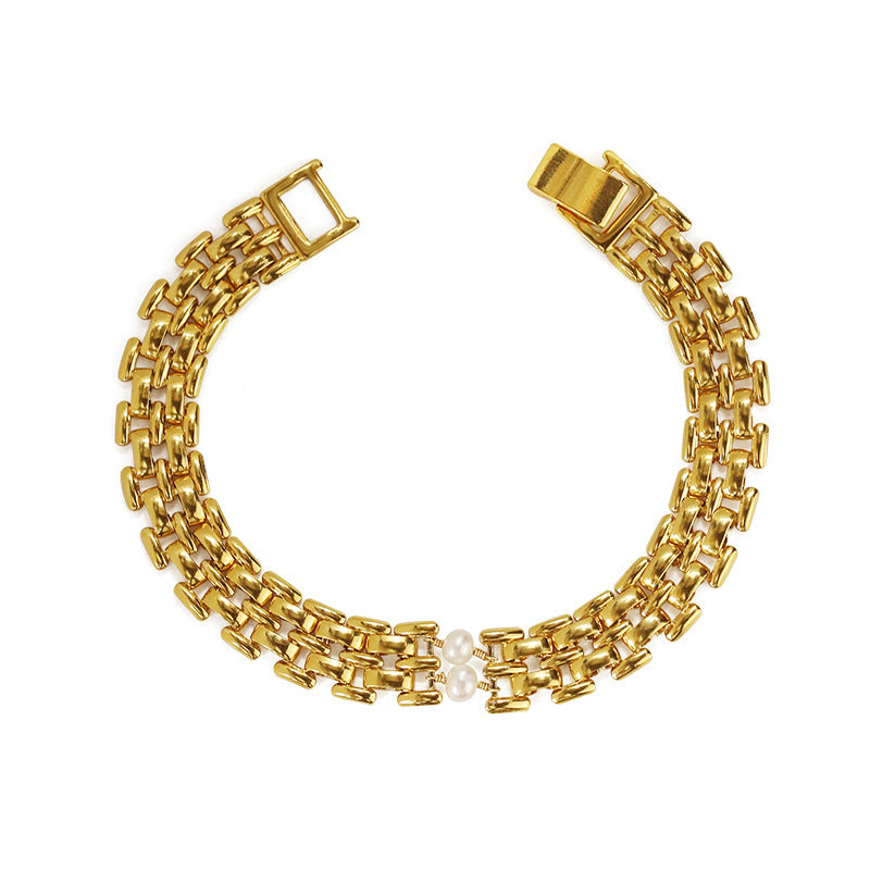 ALODIA WATCHBAND BRACELET IN BRASS WITH 18K GOLD FINISH AND BAR0QUE PEARLS