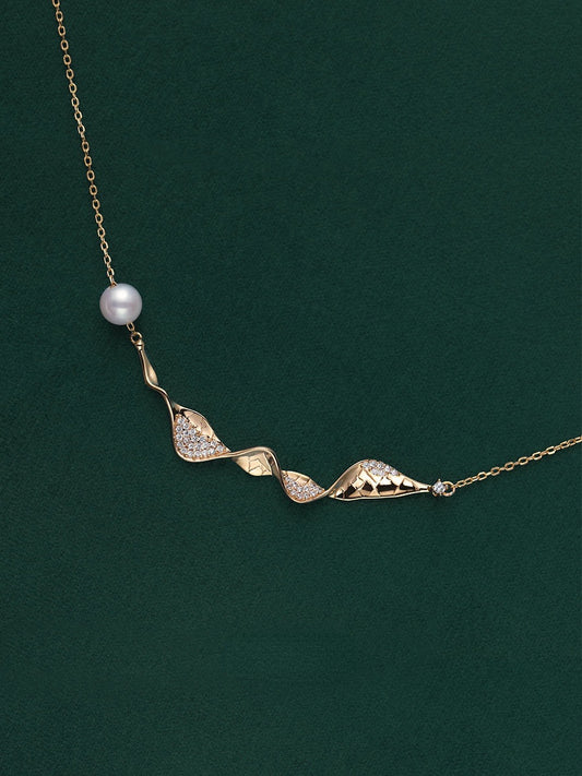 ALODIA  VINTAGE MOON RIVER NECKLACE IN 925 SILVER WITH 14K GOLD FINISH AND ZIRCON AND  SHELL PEARLS