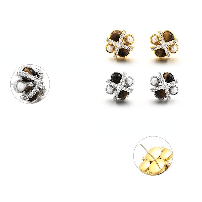 ALODIA  DAISY EARRING IN BRASS WITH 18K GOLD FINISH AND TIGERITE EYE STONES AND BAR0QUE PEARLS AND ZIRCON