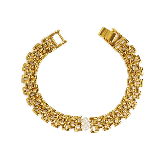 ALODIA  WATCHBAND BRACELET IN BRASS WITH 18K GOLD FINISH AND  BAR0QUE PEARLS