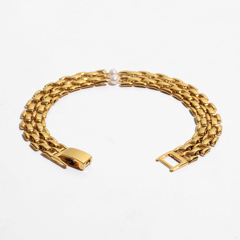 ALODIA  WATCHBAND BRACELET IN BRASS WITH 18K GOLD FINISH AND  BAR0QUE PEARLS