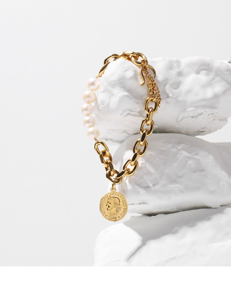 ALODIA  ANCIENT COIN BRACELET IN BRASS WITH 18K GOLD FINISH AND  BAR0QUE PEARLS