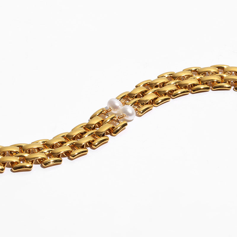 ALODIA  WATCHBAND BRACELET IN BRASS WITH 18K GOLD FINISH AND  BAR0QUE PEARLS