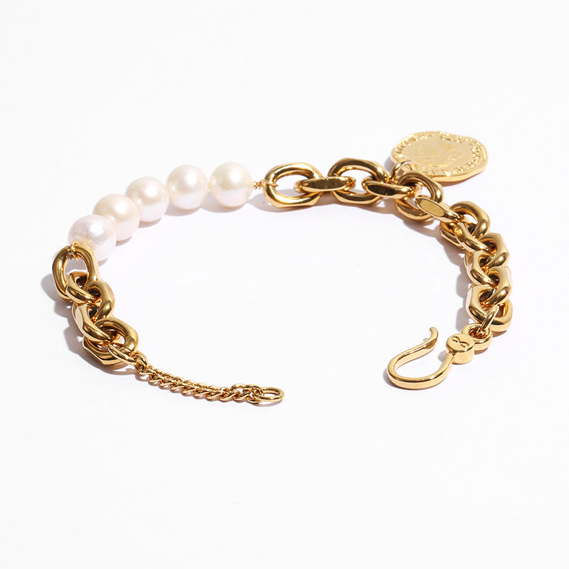 ALODIA  ANCIENT COIN BRACELET IN BRASS WITH 18K GOLD FINISH AND  BAR0QUE PEARLS