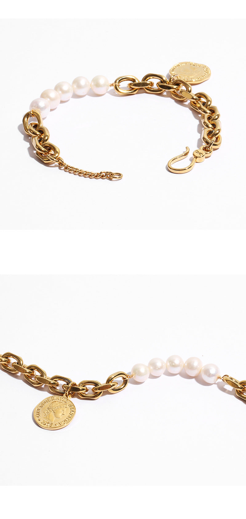 ALODIA  ANCIENT COIN BRACELET IN BRASS WITH 18K GOLD FINISH AND  BAR0QUE PEARLS