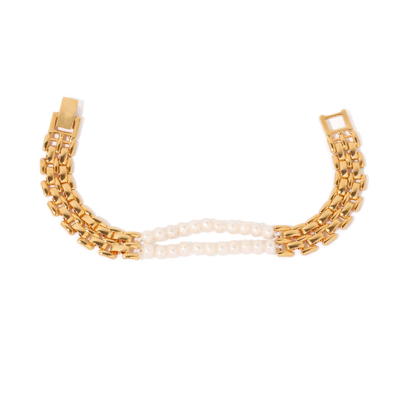 ALODIA  WATCHBAND BRACELET IN BRASS WITH 18K GOLD FINISH AND  BAR0QUE PEARLS