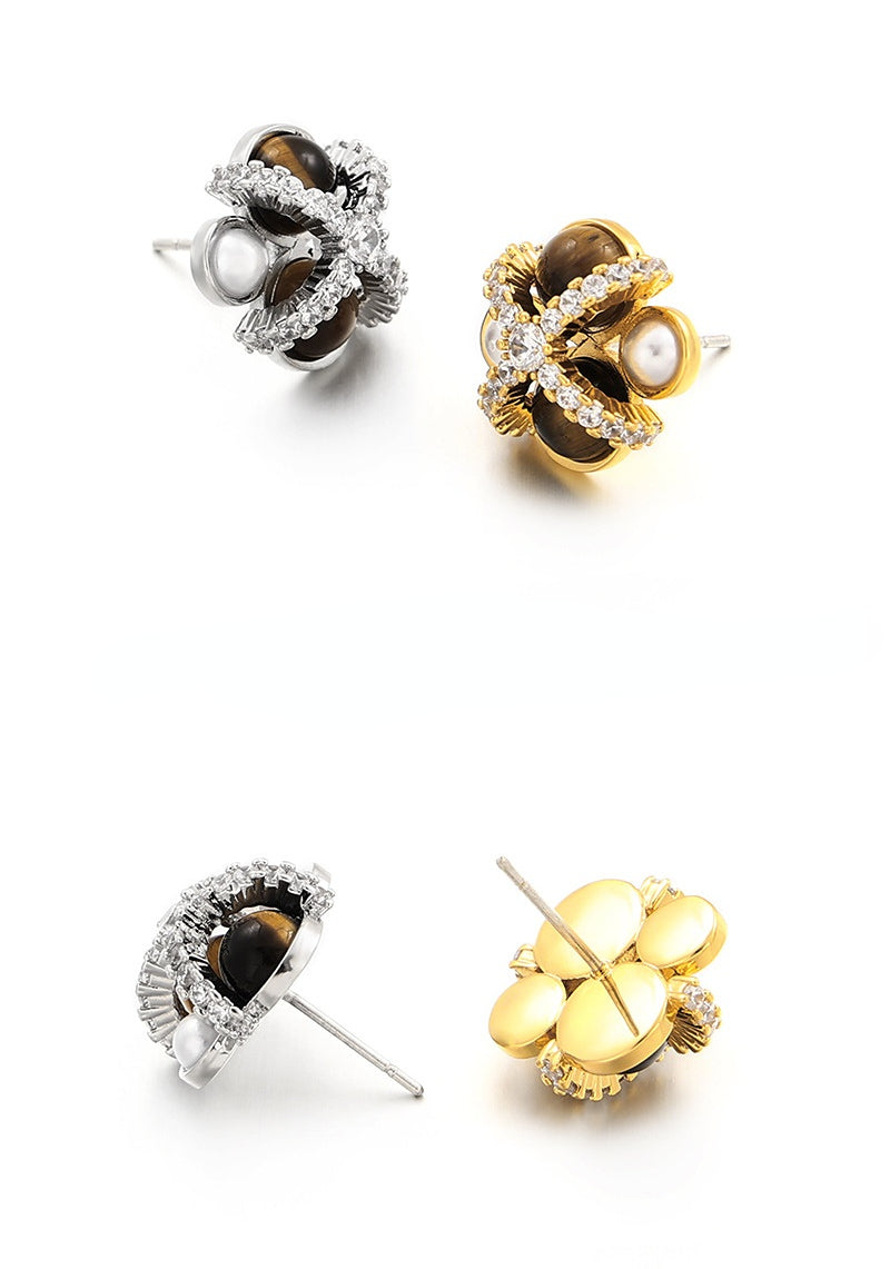 ALODIA  DAISY EARRING IN BRASS WITH 18K GOLD FINISH AND TIGERITE EYE STONES AND BAR0QUE PEARLS AND ZIRCON