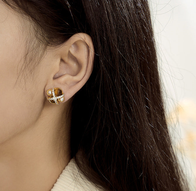 ALODIA  DAISY EARRING IN BRASS WITH 18K GOLD FINISH AND TIGERITE EYE STONES AND BAR0QUE PEARLS AND ZIRCON