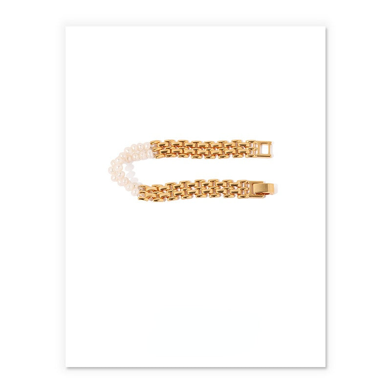 ALODIA  WATCHBAND BRACELET IN BRASS WITH 18K GOLD FINISH AND  BAR0QUE PEARLS