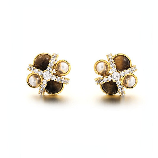 ALODIA  DAISY EARRING IN BRASS WITH 18K GOLD FINISH AND TIGERITE EYE STONES AND BAR0QUE PEARLS AND ZIRCON