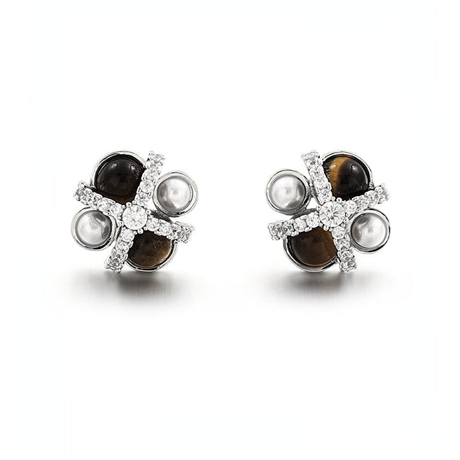 ALODIA  DAISY EARRING IN BRASS WITH 18K GOLD FINISH AND TIGERITE EYE STONES AND BAR0QUE PEARLS AND ZIRCON