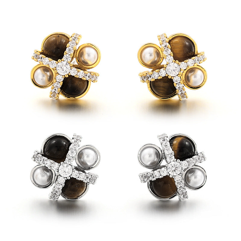 ALODIA  DAISY EARRING IN BRASS WITH 18K GOLD FINISH AND TIGERITE EYE STONES AND BAR0QUE PEARLS AND ZIRCON