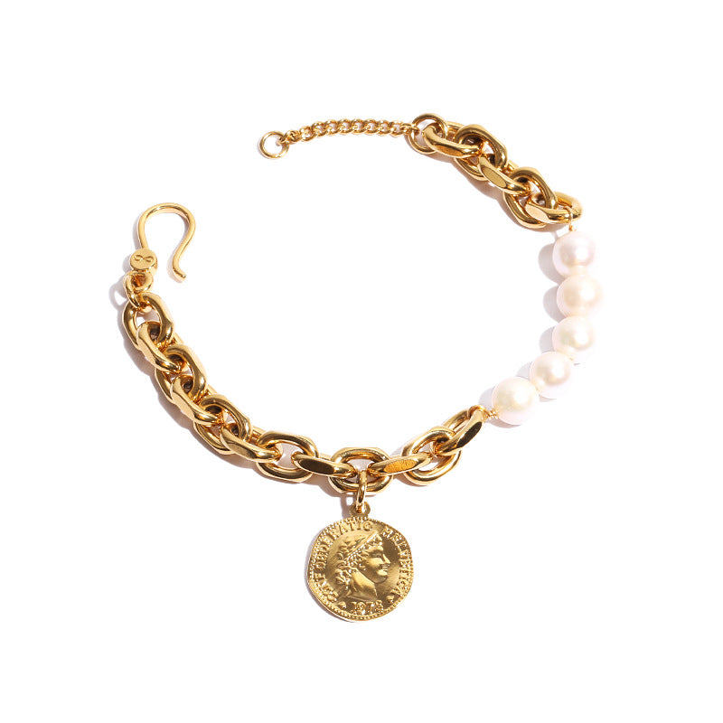 ALODIA  ANCIENT COIN BRACELET IN BRASS WITH 18K GOLD FINISH AND  BAR0QUE PEARLS