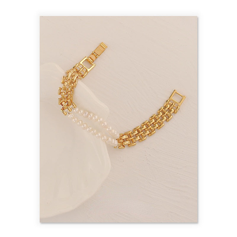 ALODIA  WATCHBAND BRACELET IN BRASS WITH 18K GOLD FINISH AND  BAR0QUE PEARLS