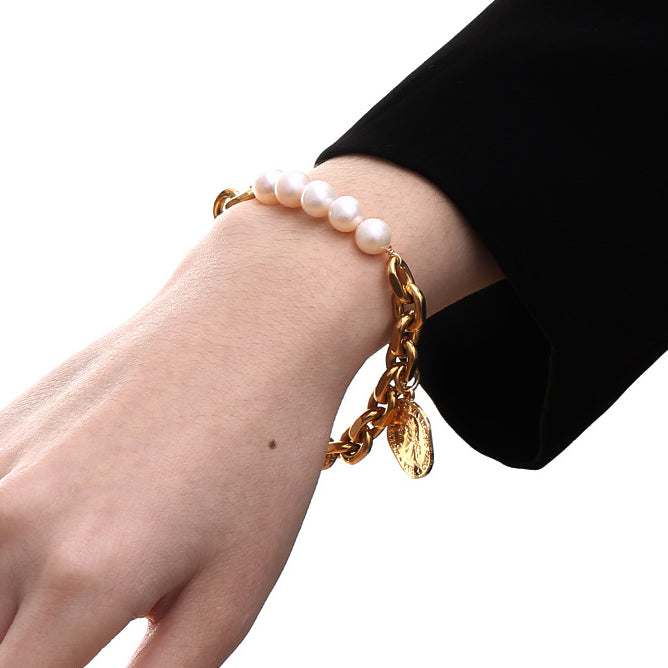 ALODIA  ANCIENT COIN BRACELET IN BRASS WITH 18K GOLD FINISH AND  BAR0QUE PEARLS