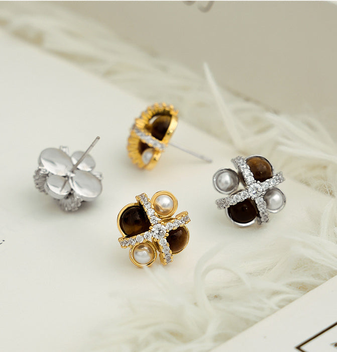 ALODIA  DAISY EARRING IN BRASS WITH 18K GOLD FINISH AND TIGERITE EYE STONES AND BAR0QUE PEARLS AND ZIRCON