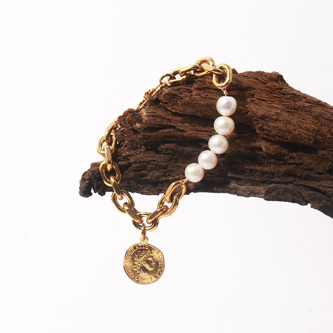 ALODIA  ANCIENT COIN BRACELET IN BRASS WITH 18K GOLD FINISH AND  BAR0QUE PEARLS